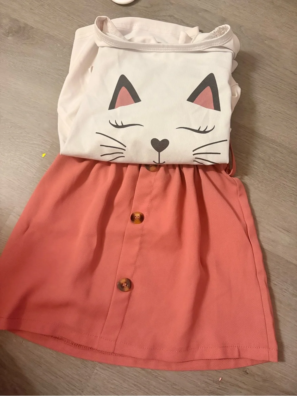 Girls' Cat Print White Top with Coral Pink Button Skirt - Kids Bottoms